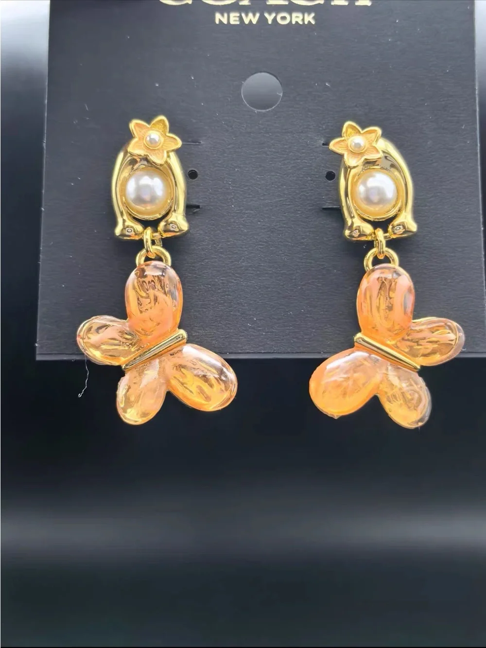Coach Gold-Tone Orange Butterfly Drop Earrings
